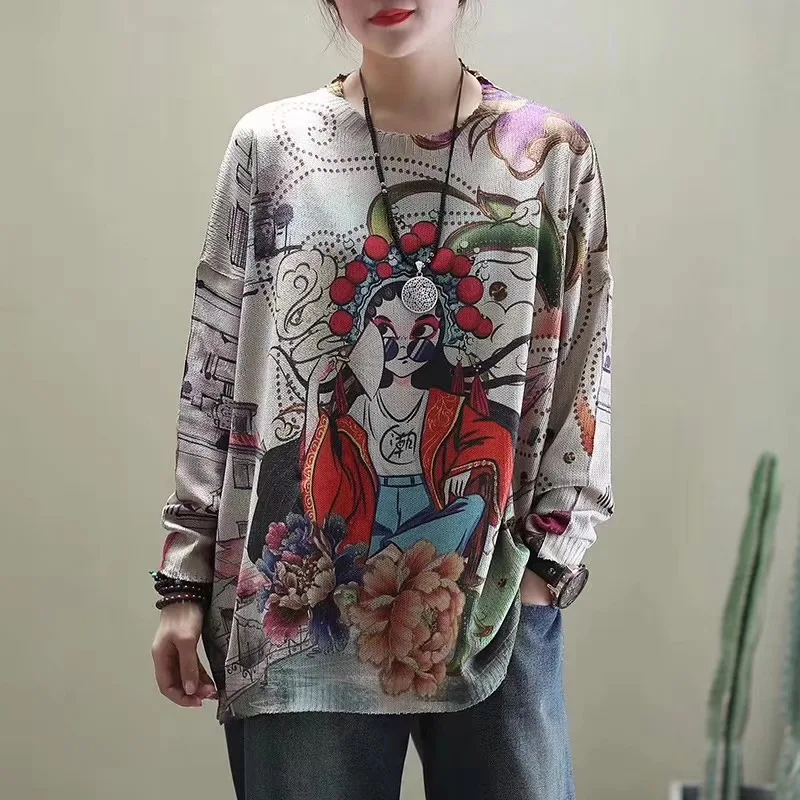 

Women Funny Print Sweaters Long Sleeve Femme Vintage Tops Autumn Spring Streetwear Blouse Pullover Knitted Shirt Ropa De Mujer