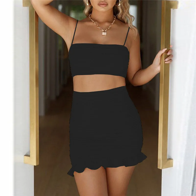 

2021 Summer Women Set Spaghetti Strap Crop Top White Sexy And Mini Bodycon Skirt Ruffles Party Outfit Club Two Piece Sets
