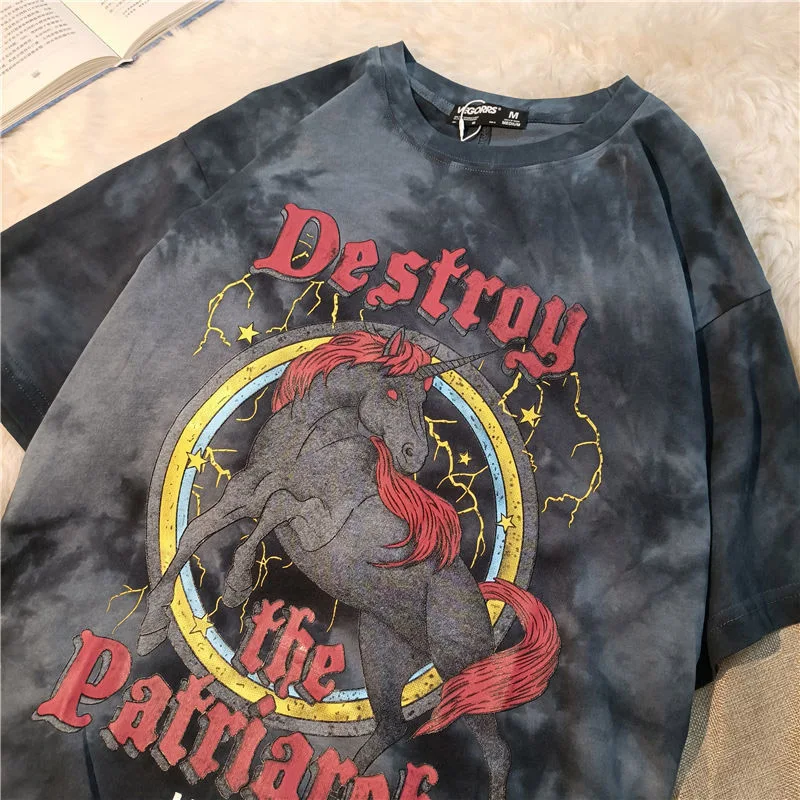 

sweet punk T-shirt women summer 2021 Korean ins Japanese Harajuku style unicorn tie-dye print loose student short sleeve shirt