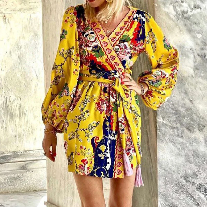 

Женское винтажное мини-платье, платье с цветочным принтом, рукавами-фонариками и V-образным вырезом, на шнуровке, уличные платья с бахромой, ...