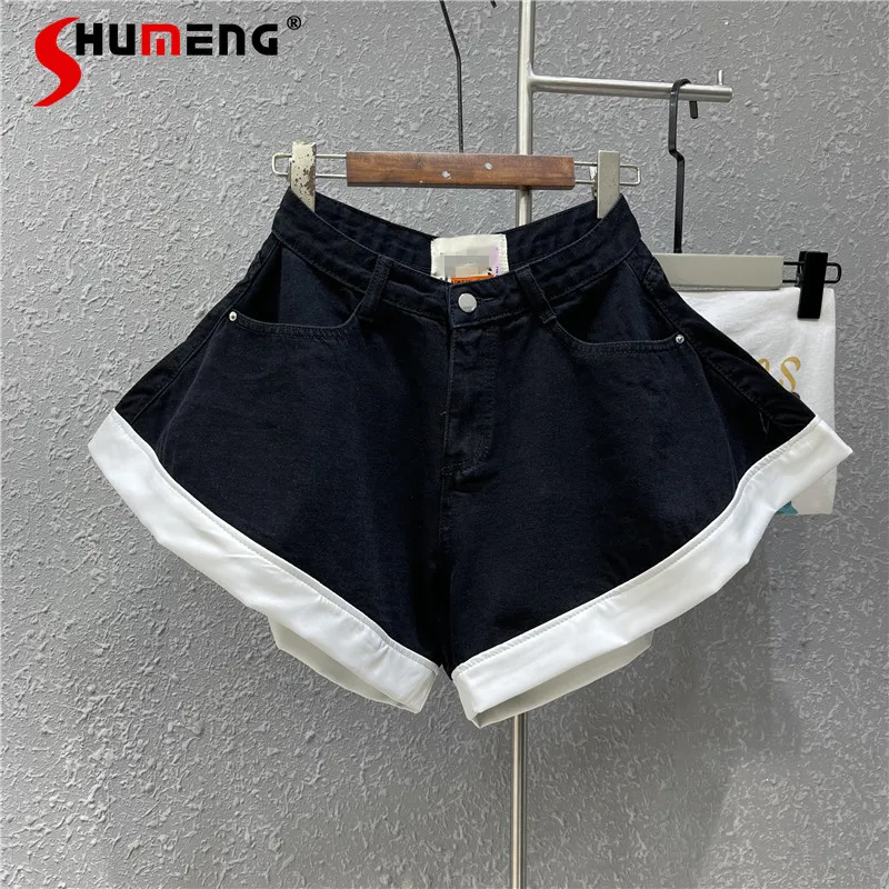 

Женские джинсовые шорты, черные широкие шорты с высокой талией и прострочкой контрастных цветов, в Корейском стиле, лето 2021