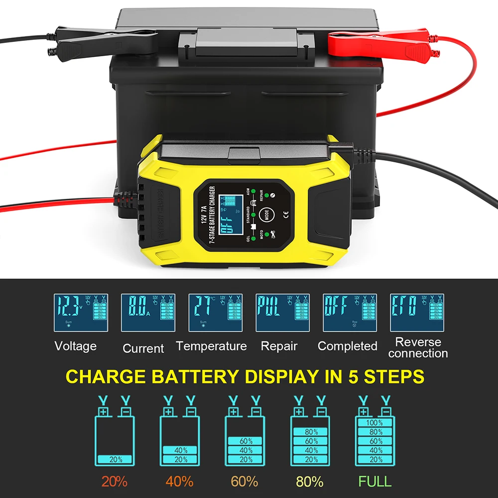 foxsur 12v 7a multifunctional battery charger for car 7 stage automatic smart motorcycle charger for lead acid agm gel sal wet free global shipping