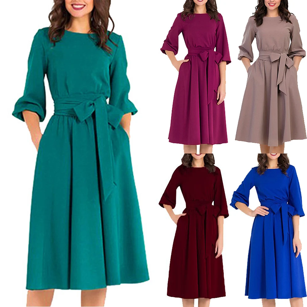 

Women Solid Color Sashes Elegant Dresses A-Line Knee-length O-Neck Fashion Office Lady Slim Long Sleeve Vestido