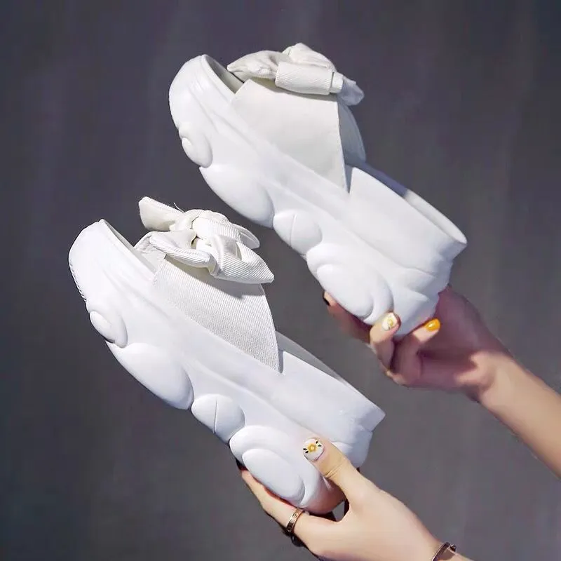 

Womens Big Bow Canvas High Heel Platform Slide on Slippers Shoes Summer C30