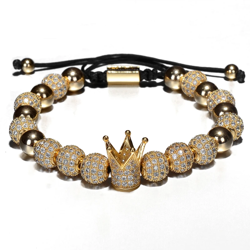 Crown Gold A Роскошные браслеты мужские 8 мм Micro Pave CZ круглый плетеный макраме браслет Pulseira Feminina ювелирные изделия ручной работы для женщин подарок - Окраска металла: Crown Gold A
