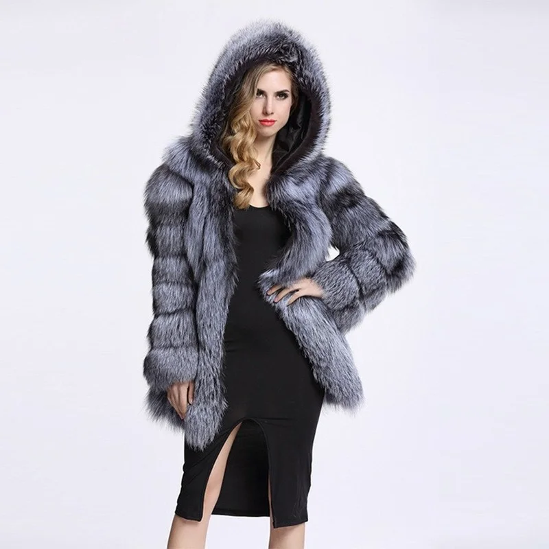 Donsignet Fashion New Solid  Faux Fox Fur Coat Women Mid Length Coat Long Sleeve Hooded Women Jacket