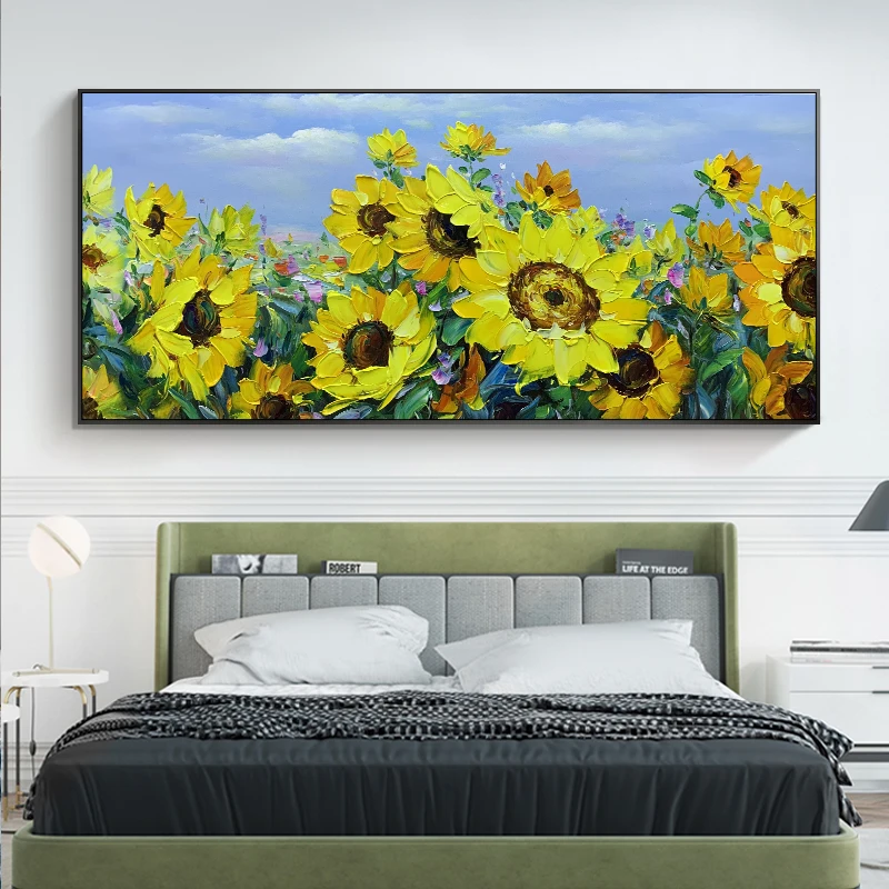 

Pure Hand Painted Sunflowers Knife Thick Oil Painting on Canvas Handmade Wall Hanging Art Room Living Room Decor Artwork No Fram