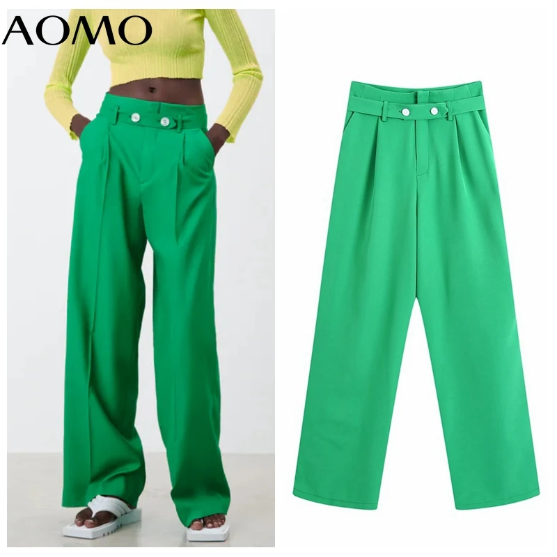 

AOMO Fashion Women High Waist Suit Pants Trousers with Belt Vintage Style Pockets Buttons Office Lady Pants Pantalon CE317A