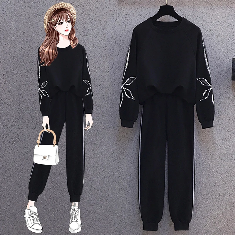 Женский спортивный костюм из 2 предметов черная Свободная Толстовка с длинным