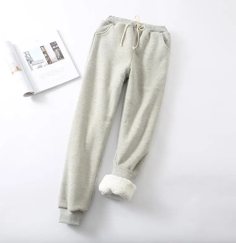 light grey Зимние кашемировые толстые теплые брюки с эластичной талией шаровары однотонные свободные плюс размер хлопчатобумажные спортивные брюки женские повседневные брюки - Цвет: light grey