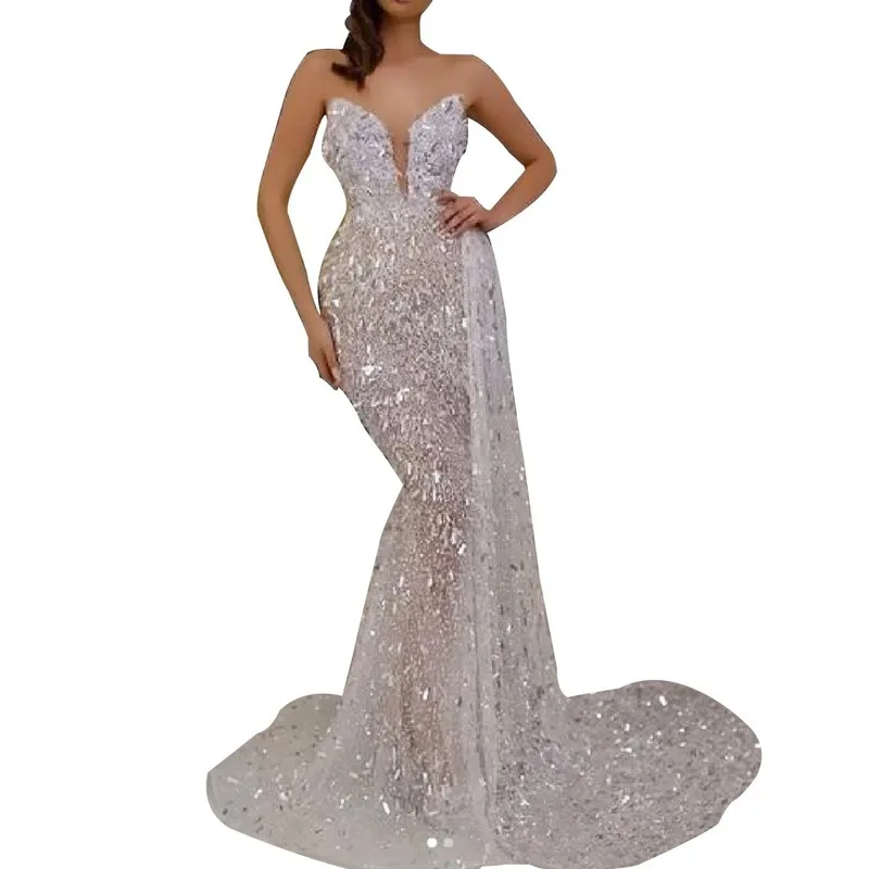 

Sexy V-neck Silver Dress Formal Dress Women Elegant Sleeveless Evening Gowns Vestido Largo Fiesta Noche Elegante