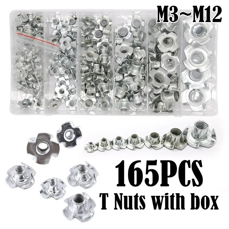 

165pcs Carbon Steel Four Pronged T Nuts Blind Inserts Nut For Wood Furniture M3/M4/M5/M6/M8/M10/M12