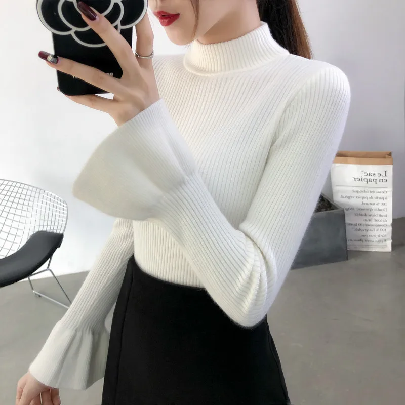 2020 Autumn Winter New Slim Trumpet Sleeve Solid Color Quality Pullover Sweater Womens Half Turtleneck Knitted Women | Женская одежда