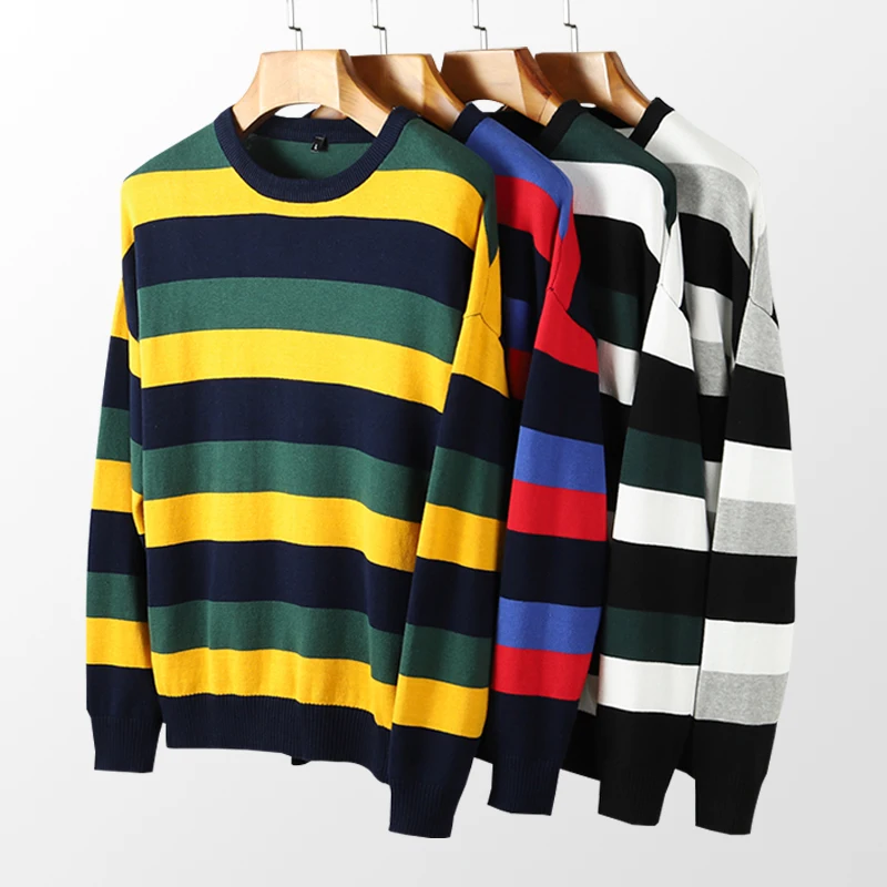Y &amp CHIC осень новый мужской с длинным рукавом мульти-полосатый свитер круглым