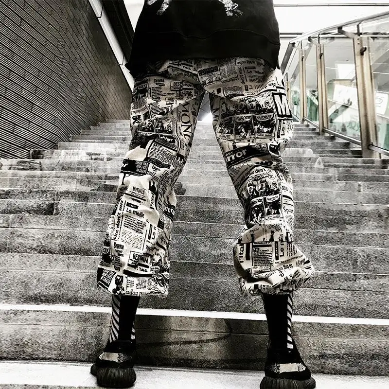 

Брюки мужские в стиле хип-хоп, комикс, газета, брюки с резинкой на щиколотке для пар, модные штаны-карго, уличная одежда, лето-осень 2020