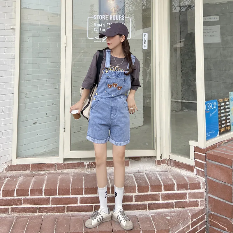 

New Summer Kawaii Women Playsuits High Waist Cute Bear Overalls Female Streetwear Casual Rompers Denim Bib Shorts Mujer