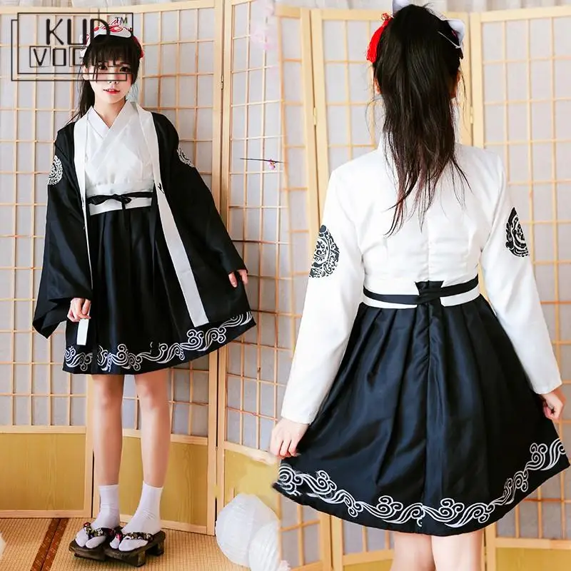 Кимоно японский юката Темный самурайский журавль девушки готическое платье для