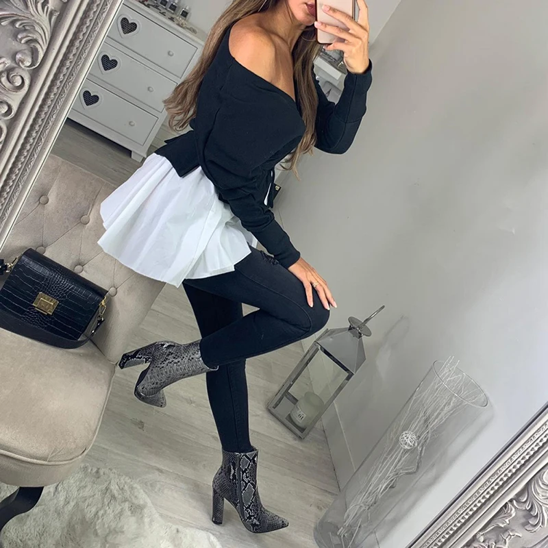 

Women Autumn Long Sleeve V-neck Cross Off the Shoulder Tops Tee Shirts Irregular Patchwork Tee Shirt Femme Camisas