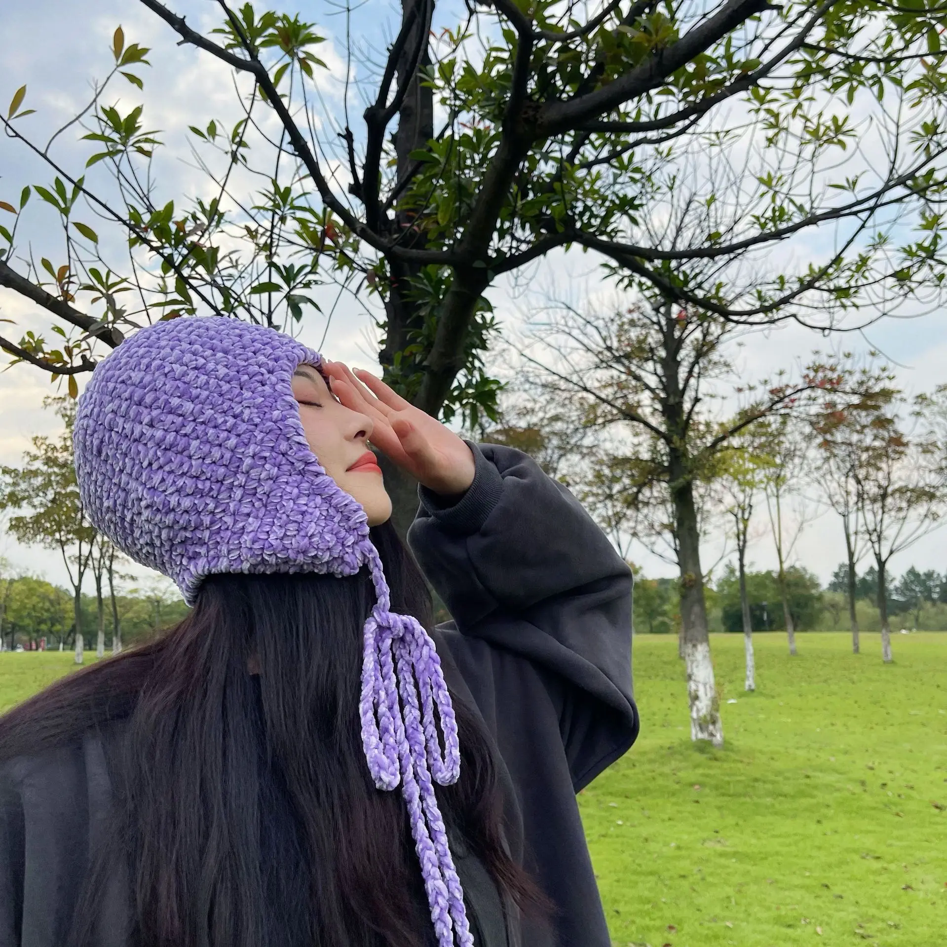 

Korean retro solid color ear protection woolen hat women's autumn and winter warmth Baotou knitted hat Lei Feng hat lace