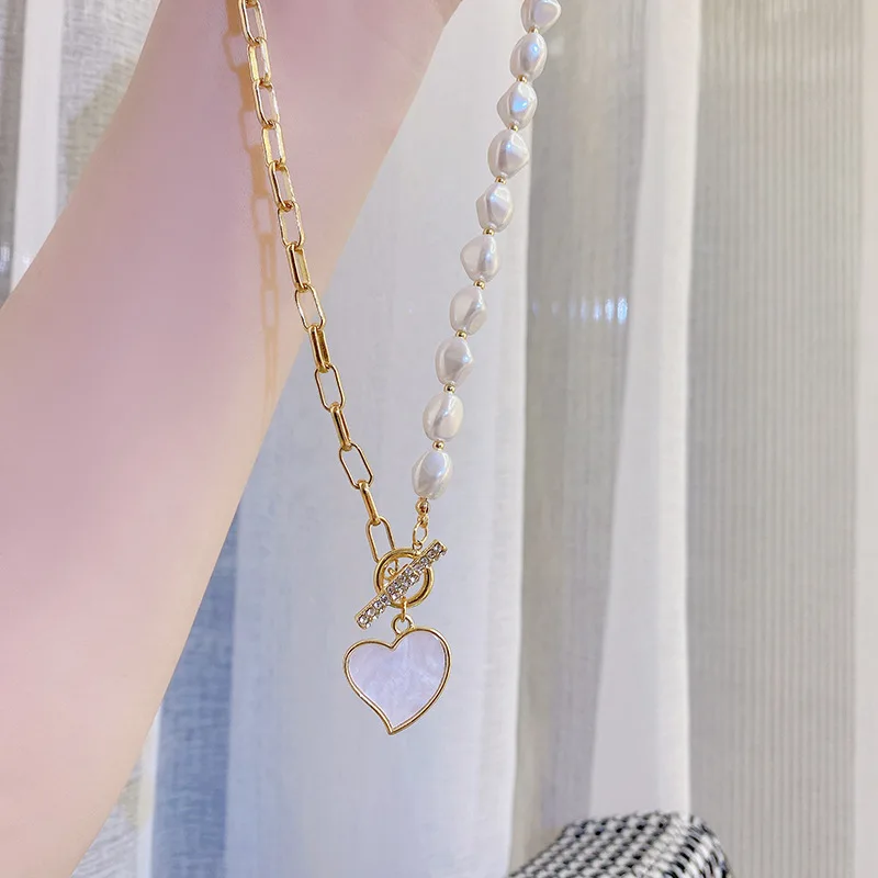 

New design 14K real gold love pendant necklace light luxury niche imitation pearl net red clavicle necklaces for women