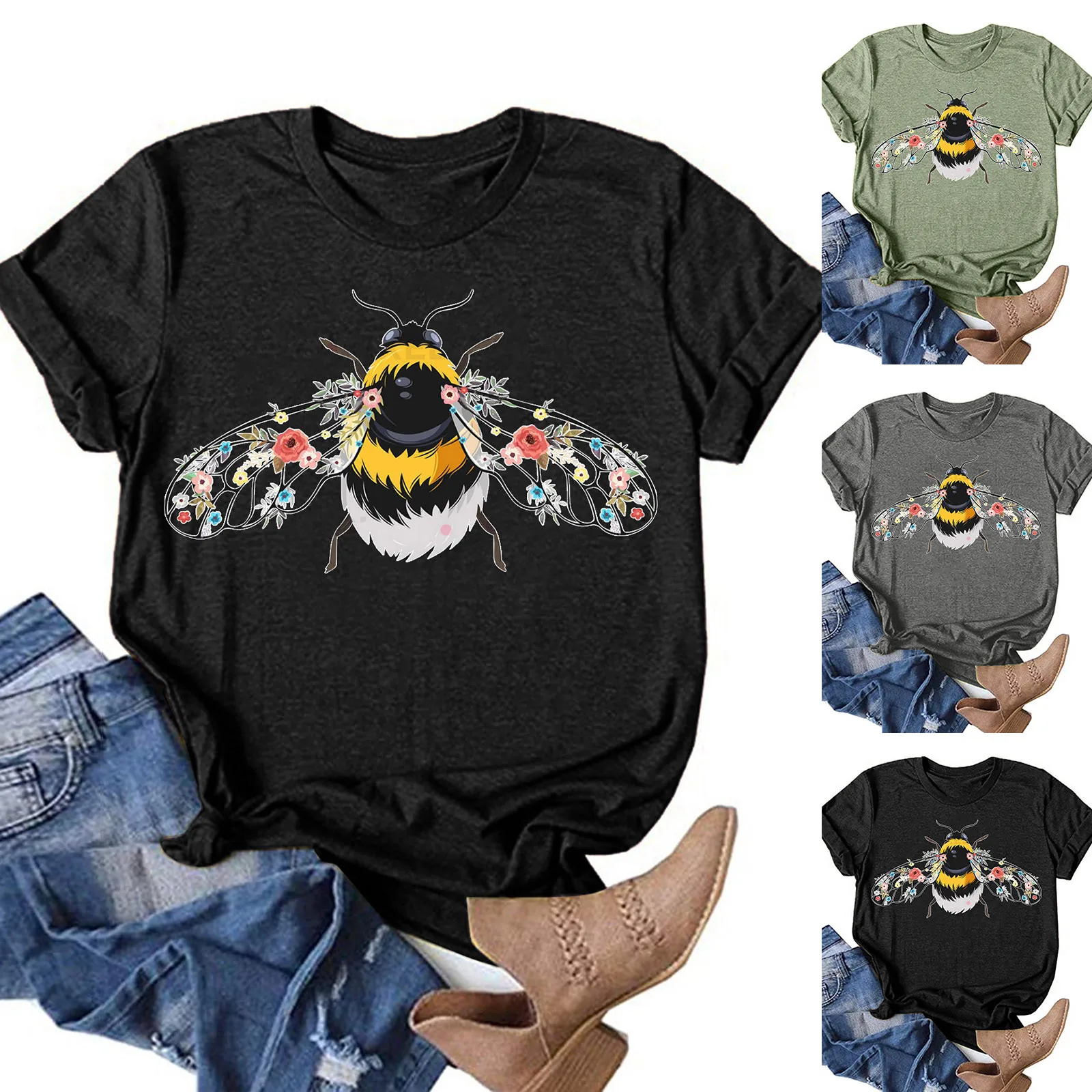 

Ladies Bee Festival Print Short Sleeve T-Shirt Top Women's Casual Loose Round Neck Shorts Sleeve Letter Print Top Blouse T-shirt