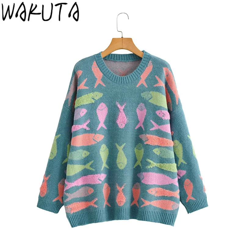 

Embroidery Fishes Womens Sweater Autumn Winter Casual Cartoon Pullover Top Jacquard Knit Christmas Sweaters Pull Femme