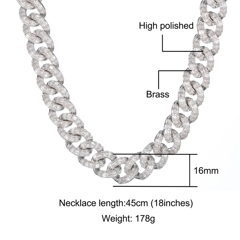 

Hip Hop 16MM 3 Row Baguette Cuban Chains Bling Iced Out CZ Setting AAA+ Cubic Zirconia Bracelet Necklace For Men Women Jewelry