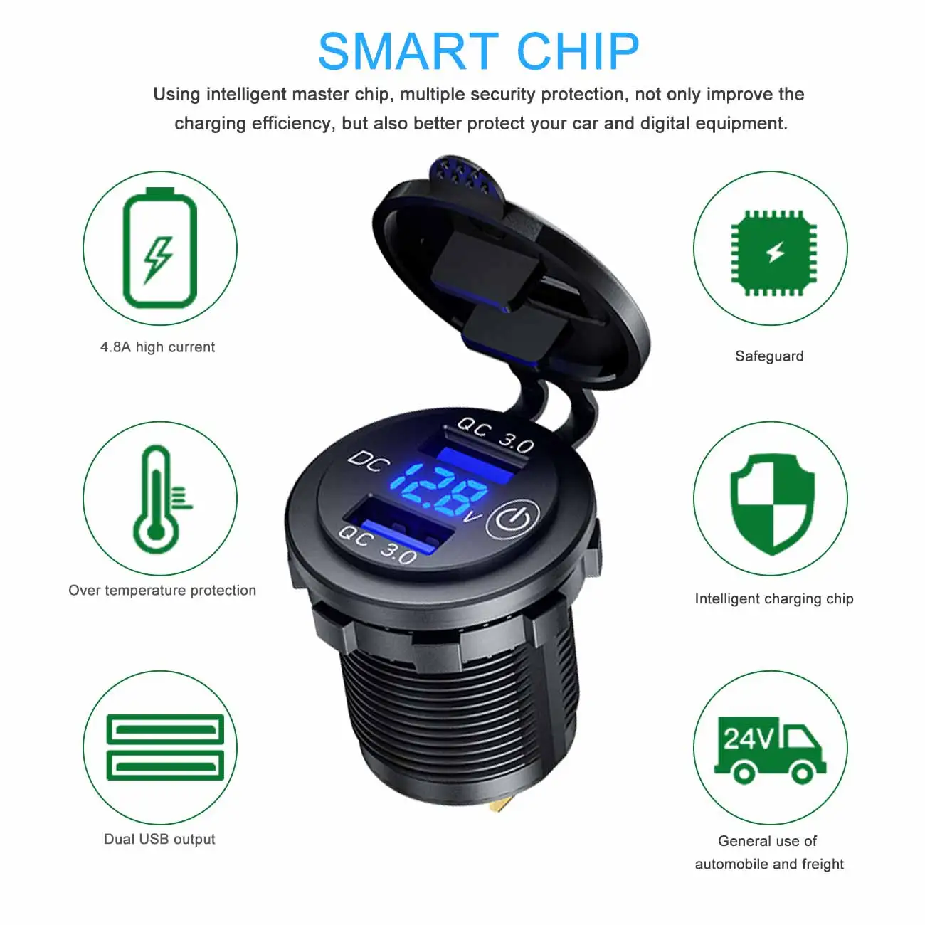 

12V 24V Dual QC3.0 USB Car Charger Socket with Touch Switch LED Voltmeter Waterproof Power Adapter for Truck SUV Marine Motor