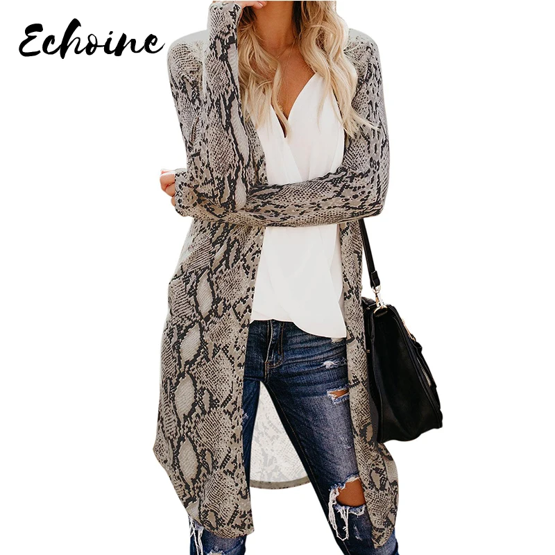 

Echoine Leopard/Snake/Green Camo Print Long Sweaters Cardigan Women Autumn Long sleeves Open Front Casual Knee Length Long Coat