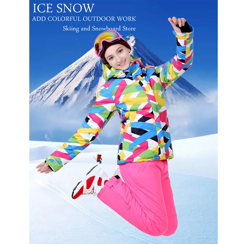 

Cheap Colorful Snow Suit Wear Women's Snowboard Clothing Waterproof Winter Costumes Outdoor Ski Jacket + Strap Pants Bibs Female