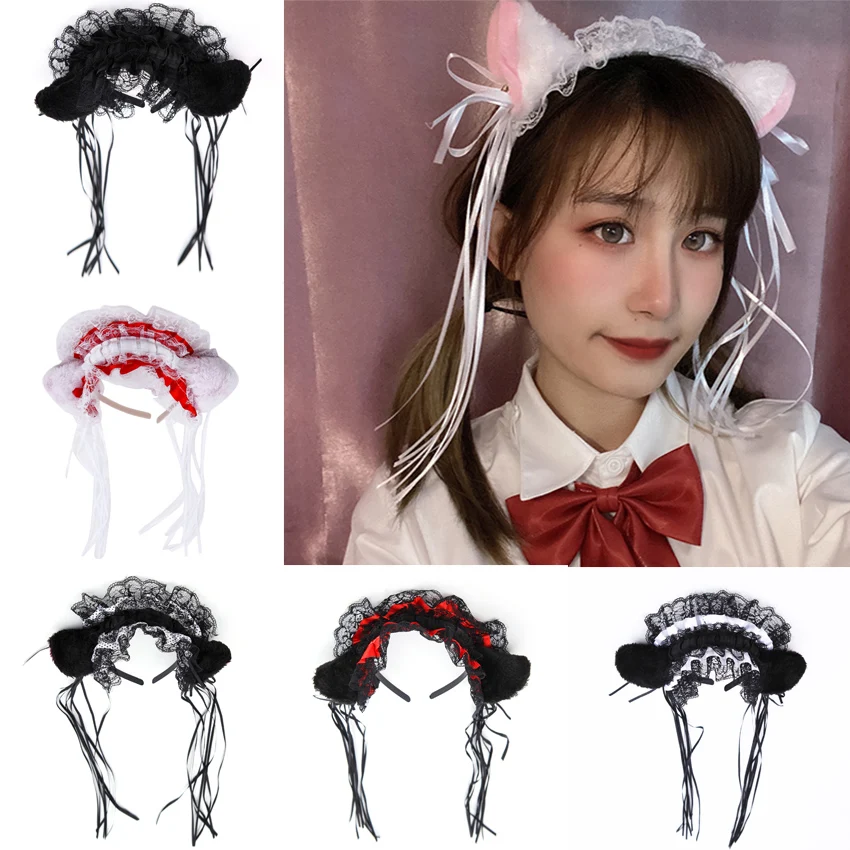 

Girls Plush Cat Ears Lace Bow Ribbon Hairbands For Women Lolita Headband Headwear Hair Hoops Scrunchies Cosplay hair accessories