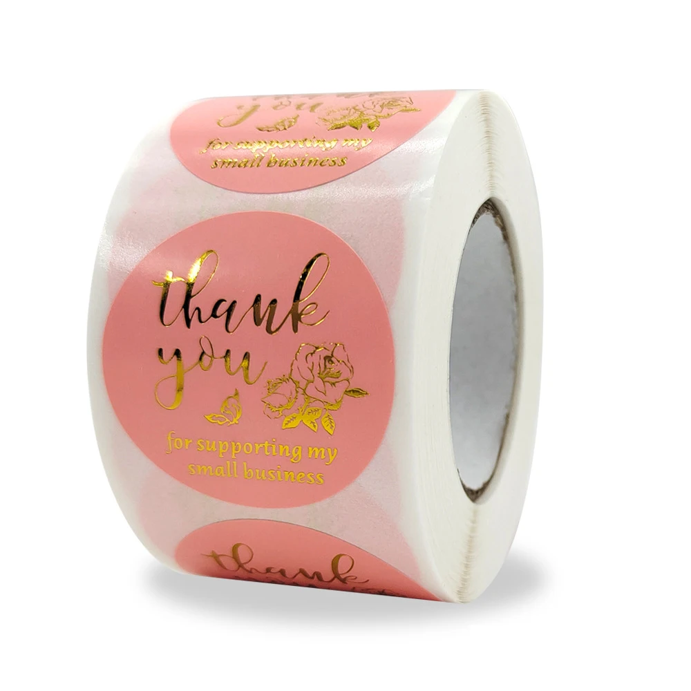 

38mm Pink Bronzing Sticker Thank You For Supporting My Small Business With Rose Flower Gift Packing Seal Labels