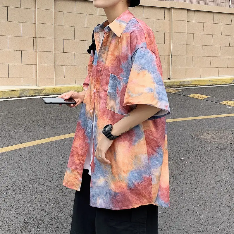 Summer Tie-dye Shirt Men's Fashion Print Retro Casual Shirt Men Streetwear Korean Loose Hip-hop Short-sleeved Shirts Mens M-5XL