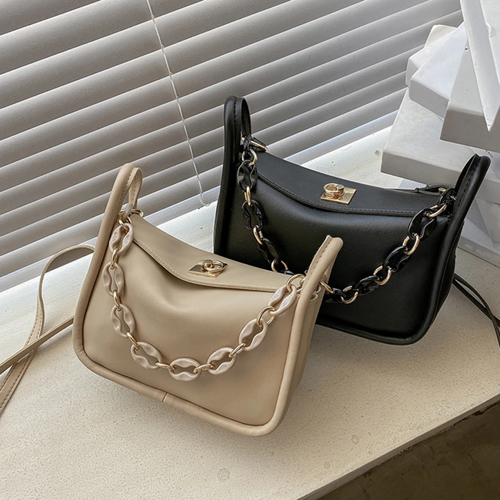 

Модная женская сумка через плечо с акриловой цепочкой, однотонная сумка-мессенджер из искусственной кожи, повседневные Роскошные Дизайнер...