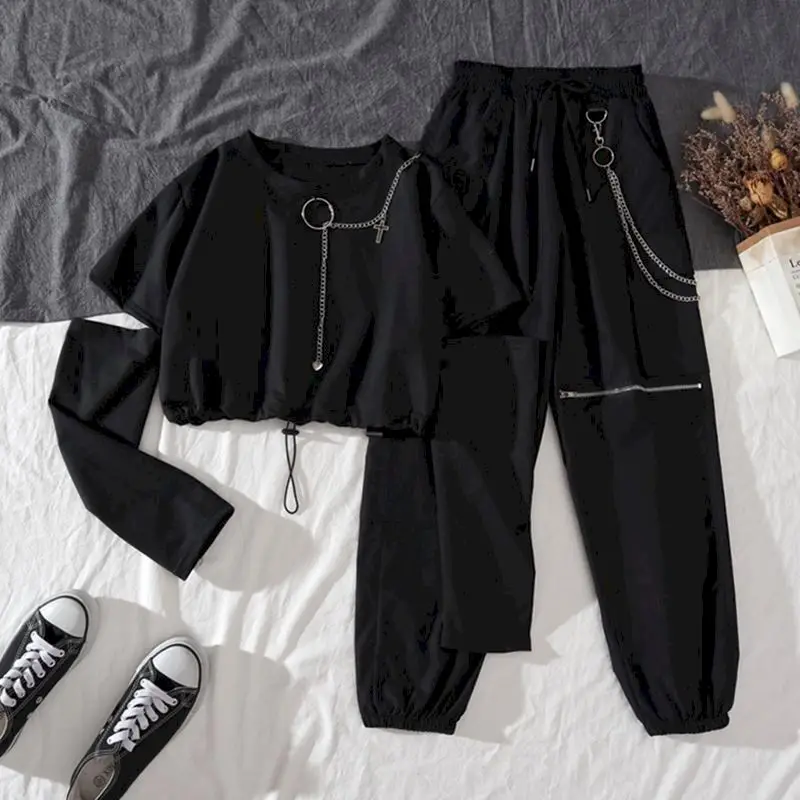 

Tracksuit Two Piece Set Women Spring Autumn Harajuku Cargo Pants Handsome Cool Two-piece Suit Chain Long Sleeve+Ribbon Pants