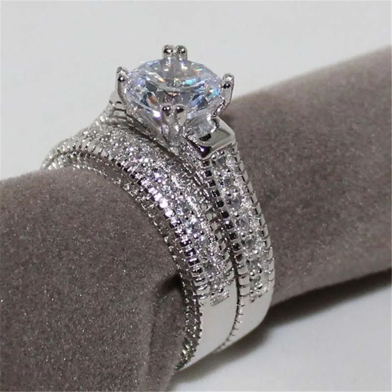 

FDLK 2-in-1 Refined Luxury White Crystal Ring Alloy Engagement Wedding Band Ring Set Jewelry gift Size 5 6 7 8 9 10 11 12