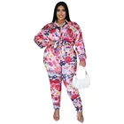 Женская одежда больших размеров 3XL, 4XL, комплект из двух предметов, осенняя блузка с длинным рукавом и брюки, модный офисный Женский комплект с принтом