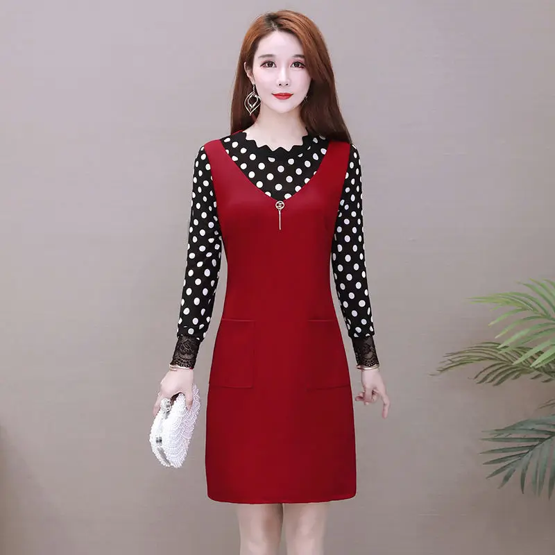 

Women's Spring Autumn Dress Women's Elegant O-neck Long Sleeve Zipper Elegant Dot Korean Slim Dress SS1604