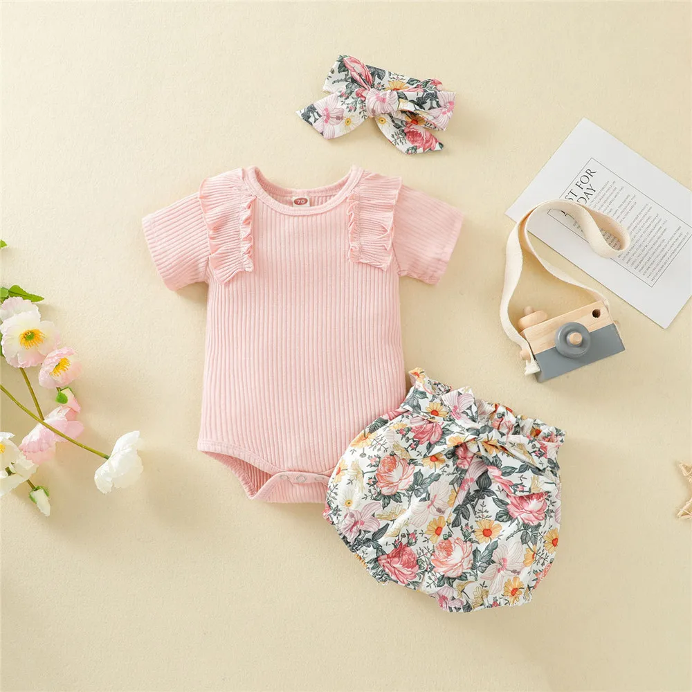 

6M-3T Baby Girl Summer Pink 3Pcs Clothing Sets Toddler Solid Color Ribbed Short Sleeves Romper + Floral Print Shorts + Hairband