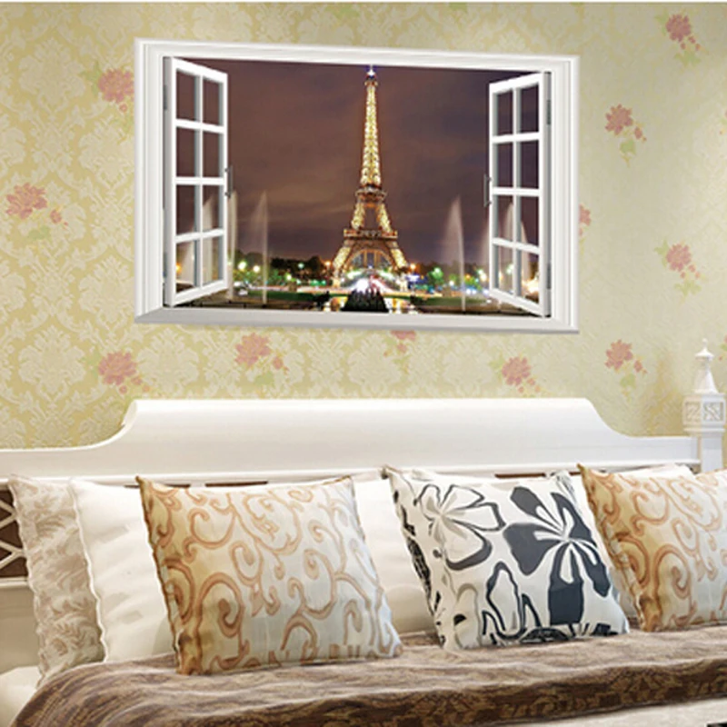 3D Window Paris Eiffel Tower Wall Sticker Art Decal DIY Mural Home Decor Night Wallpaper Eco-friendly | Дом и сад