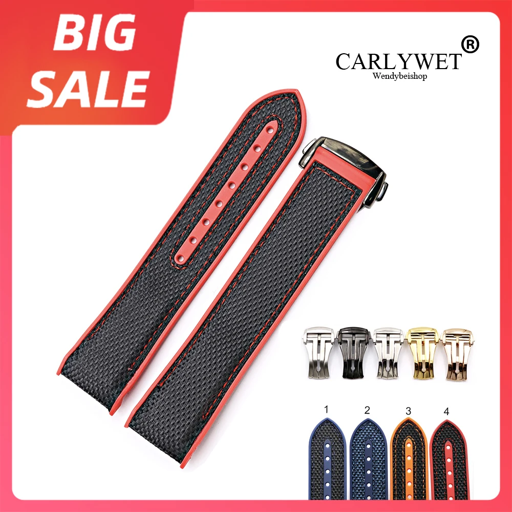 

CARLYWEY 20 22mm Blue Red Rubber Silicone With Nylon Replacement Watch Band Strap For Omega Planet Ocean 45 42mm With Clasp
