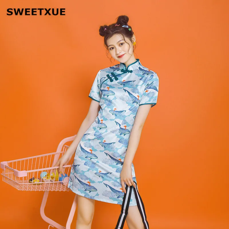 SWEETXUE женская летняя новая современная девушка Cheongsam платье с принтом рыбы