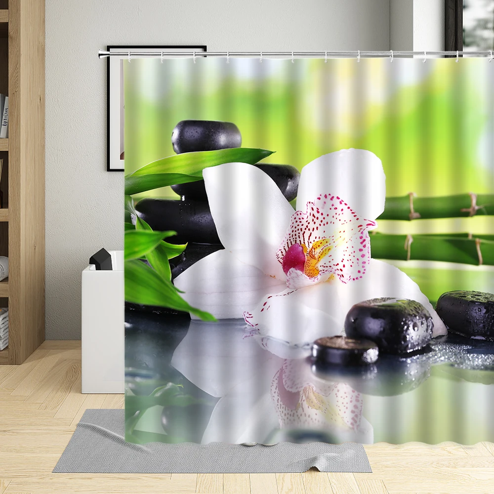 

3D Zen Shower Curtain Orchid Green Bamboo Stone Candle Lotus Home Bathroom With Hook Decorative Suit Machine Washable Fabric