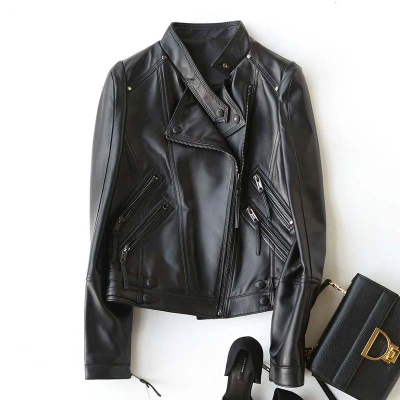 

2020 New Brand Spring Autumn Motorcycle Leather Streetwear Korean Fashion Fit Sheepskin Jacket Women Chaqueta Mujer 27304