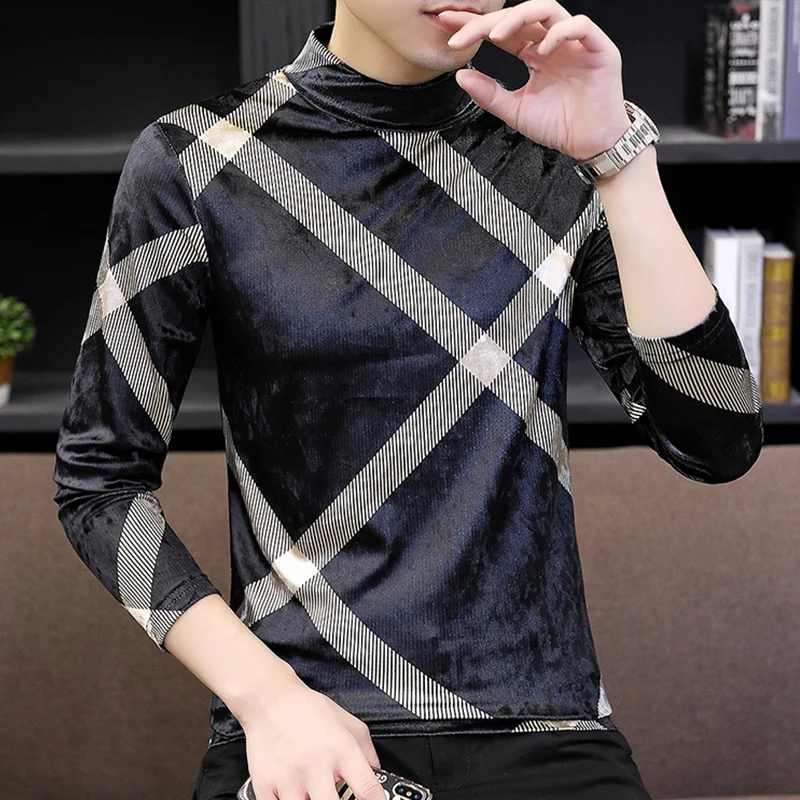 

Golden velvet sweater men's winter trend youth thickened high collar tight long sleeve t-shirt men's bottom coat
