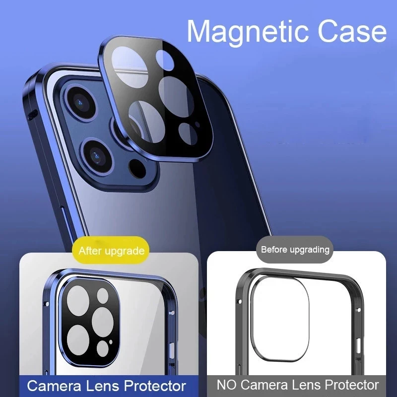 

360 Magnetic Adsorption Metal Case For iPhone 12 Mini 12 11 Pro XR X XS Max Double Sided Glass Cover Camera Lens Protector Film