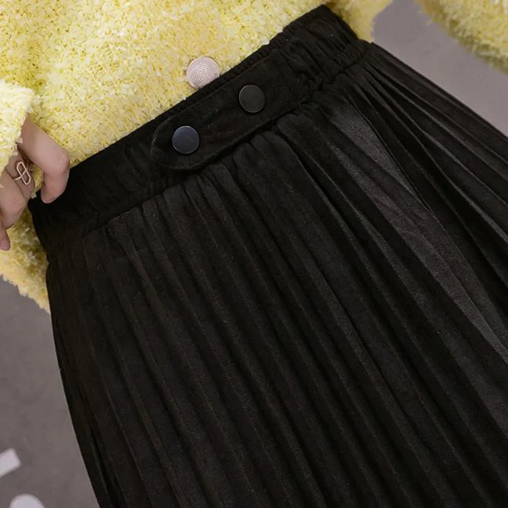 

Vintage Women Velvet Skirt Autumn Winter Black Pleated Skirts Female Elegant High Waist Streetwear Maxi Long Casual Party Skirt