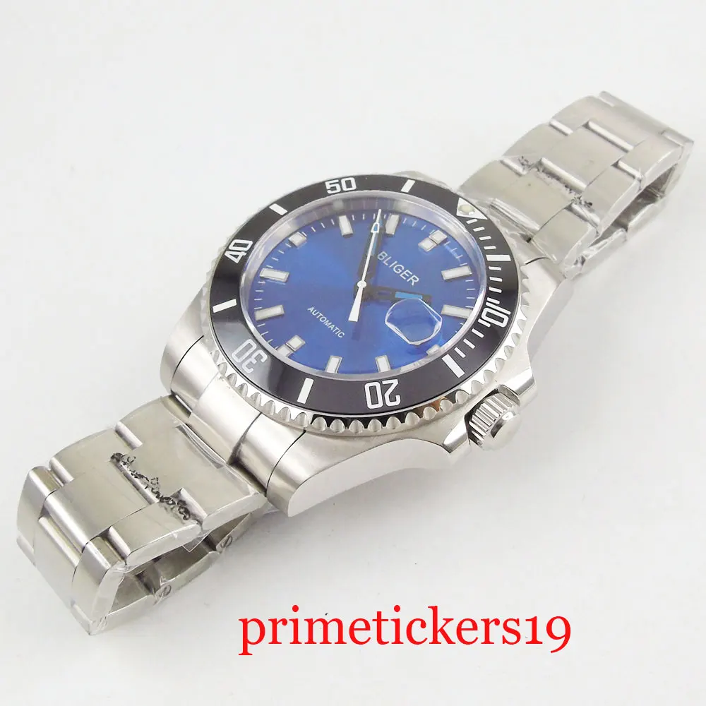 Черный керамический ободок 43 мм bliger синий циферблат Дата сапфировое стекло