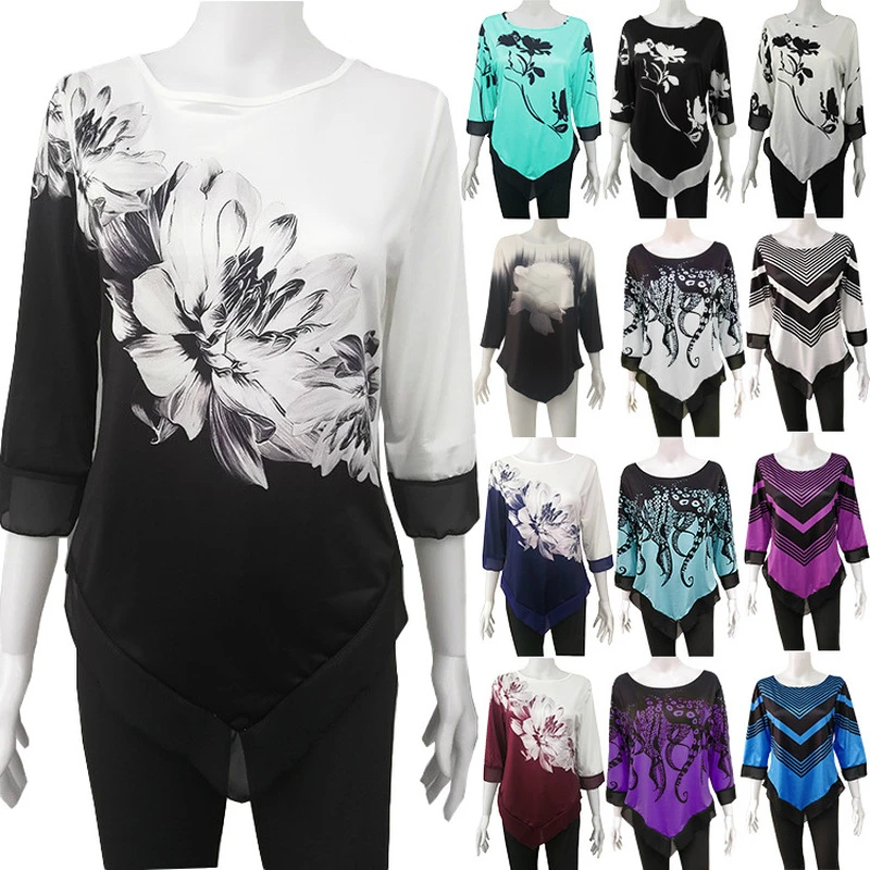 

Harajuku Womens Tops and Blouses Irregular Print Blouse Shirt Women Flower Fashion Clothes Female Top Tee Shirts