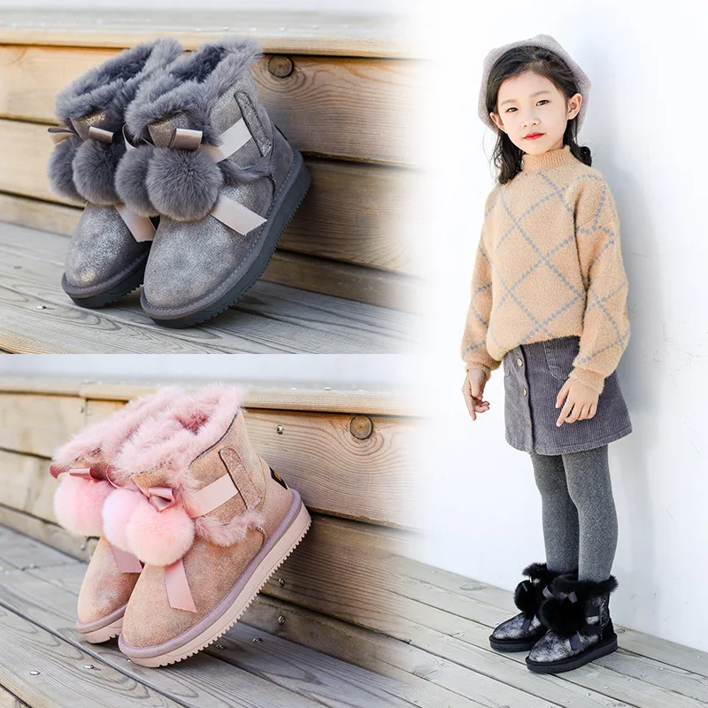Новинка 2019 года зимние сапоги для девочек с натуральным мехом Водонепроницаемая
